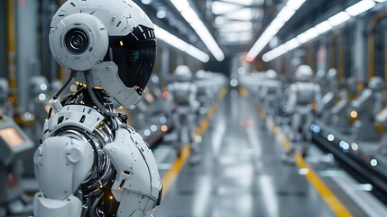 Fototapeta premium In the industrial factory floor foreground, a robot is giving annotations to other robots with robotic arms and operational conveyors.