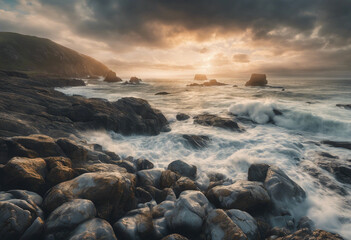 Fototapeta premium beautiful coastal landscape with rocky shores, the ocean, sunrise and a sky