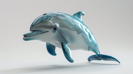 A 3D rendering of a blue and white dolphin made of glass or crystal.
