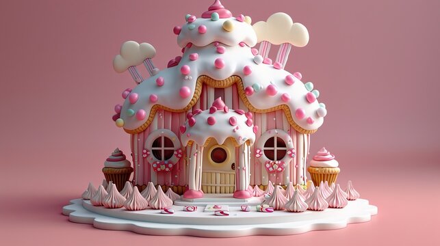 A 3D rendering of a pink and white candy house with cupcakes and meringues on the front lawn