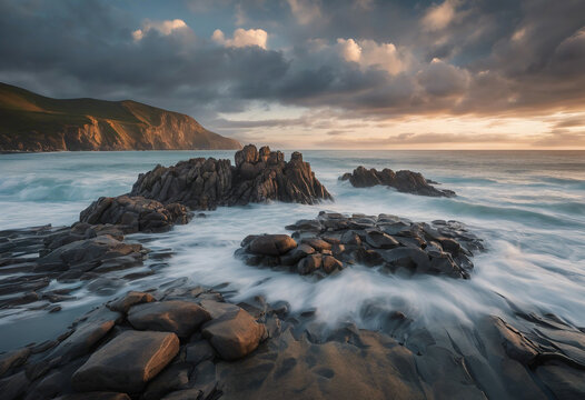 beautiful coastal landscape with rocky shores, the ocean, sunrise and a sky