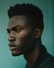 Obraz premium Portrait of a contemplative African man in a black jacket with closed eyes looking thoughtfully to the side