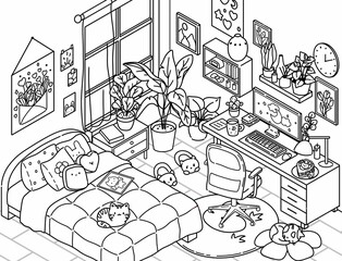 Cute kawaii room interior design for girl in isometric style. Cartoon illustration. Coloring page - 790153677