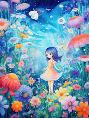 AI generated illustration of little girl standing in the sea of flowers