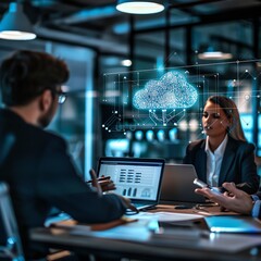 A business meeting where executives are discussing the integration of cloud technology into their operations, laptops open and cloud data models on display.