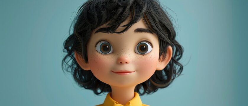 3d render of a cute cartoon boy with brown hair and green eyes