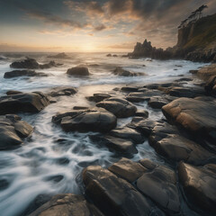 Obraz premium beautiful coastal landscape with rocky shores, the ocean, sunrise and a sky
