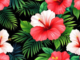 a seam of tropical flowers and leaves - obrazy, fototapety, plakaty