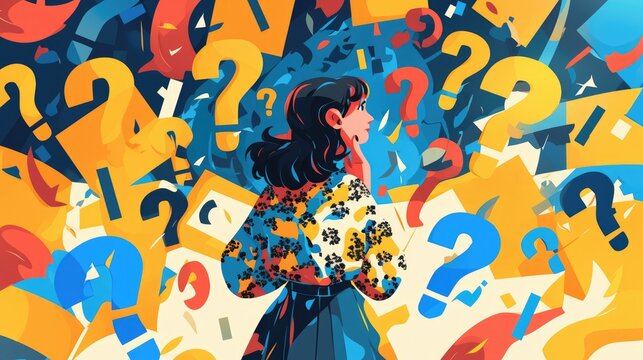 Immerse yourself in the world of a bewildered woman encircled by a flurry of question marks in a funky cartoon flair This dynamic artwork taps into the theme of Frequently Asked Questions FA