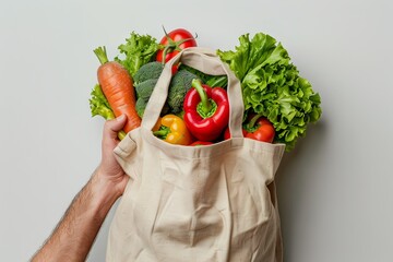 hand holding Cloth bag with vegetables on grey background. ai generated