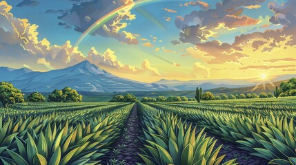Fototapeta premium Vibrant agave plantations under a rainbow, embodying tequila's allure in a simplistic portrait illustration.