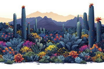 Lush succulent garden with hidden miniatures celebrating Cinco de Mayo, illustration style, in straight front portrait minimal. - Powered by Adobe