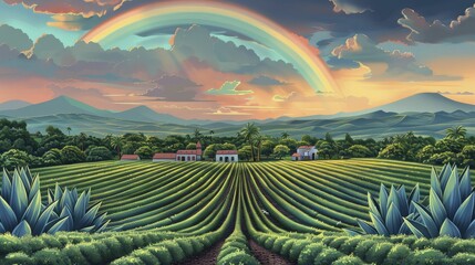 Vibrant illustration captures agave fields under rainbow, tequila's allure, in minimal portrait style. - obrazy, fototapety, plakaty