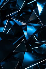a minimal abstract background with bright blue triangle symbols, black background, dark lighting - obrazy, fototapety, plakaty