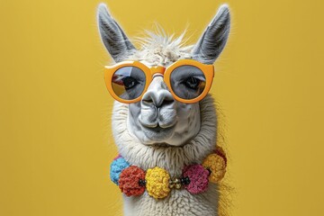 Fototapeta premium Eccentric portrait of a llama wearing sunglasses and a fiesta necklace, illustration style, in straight front portrait minimal.