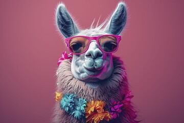 Fototapeta premium An unconventional llama donning shades and a festive necklace is portrayed in a simple, direct illustration style.
