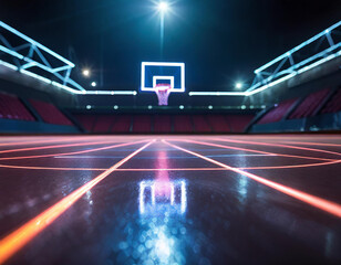 A futuristic neon-lit basketball court with glowing lines and hoops in a dark setting.