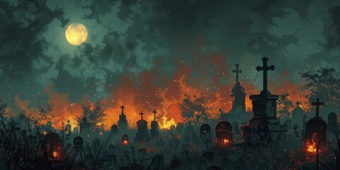 Illustration captures ancestral tribute with lanterns in an eerie old cemetery on Cinco de Mayo, featuring a minimal front portrait.
