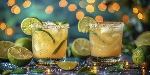 Illustration captures frothy margaritas clinking under string lights, in a toast, with a minimal straight front portrait style.