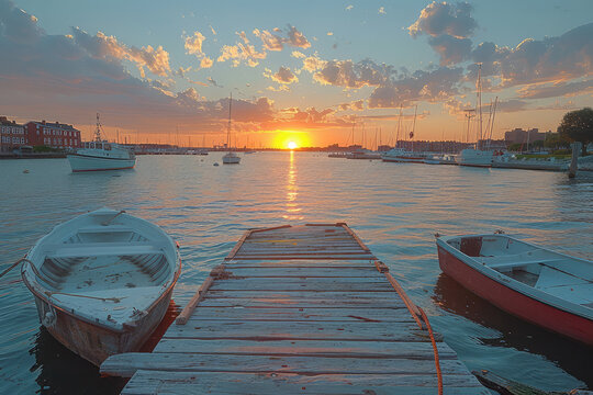  A small wooden dock with row boats at the end, in front of an American city harbor, the sun is setting behind it and there are some clouds scattered across the sky. Created with Ai