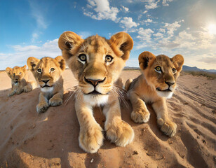 a group of young small teenage lions curiously looking straight into the camera in the desert - obrazy, fototapety, plakaty