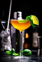 Spring orange cocktail drink with scotch whiskey, apple liqueur, ginger, lemon juice, green basil and ice, dark bar counter background - 790155695