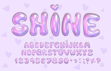 3D Festive Summer Metallic Glitter Font, Trending Y2K Style, Bubble Font. Full vector made with gradient mesh, pink with hearts. 3d alphabet