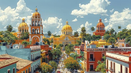 Witness the vibrant Cinco de Mayo parade as it gracefully winds through a historic district, portrayed in a minimalist front-facing illustration. - obrazy, fototapety, plakaty