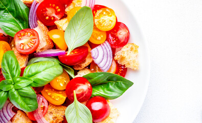 Summer italian salad with stale bread, tomatoes, red onion, olive oil, salt and green basil, white table background, top view close up - 790156094
