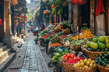A lively street market bustling with activity, stalls overflowing with colorful fruits and vegetables. - obrazy, fototapety, plakaty