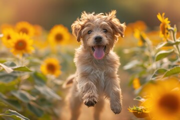 A playful puppy frolicking in a field of sunflowers, tongue lolling with pure happiness.