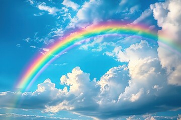 A rainbow stretching across the sky after a refreshing summer rain shower. - obrazy, fototapety, plakaty