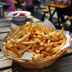 basket of fries on a wooden table