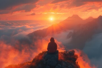 A solitary figure basking in the warm glow of sunrise atop a misty mountain peak. - obrazy, fototapety, plakaty