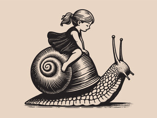 Little girl riding a snail. Outline vector illustration, retro style, isolated object  © Victoria