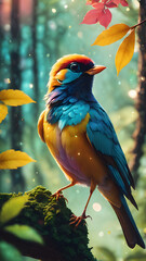 Fototapeta premium Imagine a vibrant tropical scene featuring a colorful bird of paradise perched on a lush green branch, surrounded by a variety of other birds in a natural setting