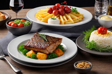 Comprehensive lunch european eating in restaurant, which includes variety of dishes made from fresh, natural products, salad and drinks. Business all-inclusive lunch with soup, pilaf and compote