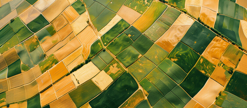 A bird's-eye view of agricultural fields in harvest season, with patterns of golden and green crops creating a patchwork effect. , background