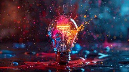 a bursting light bulb splattered with vibrant paint on a dark backdrop, symbolizing unconventional creativity