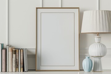 Mockup of an empty frame above a cabinet in a modern style living room interior, 3d render, 3d illustration - obrazy, fototapety, plakaty