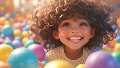 A cute little girl smiles while playing in the ball pit at an indoor playground, surrounded by colorful balls of various sizes and colors. 