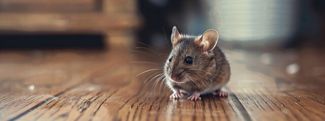 mouse on a wooden table close-up - obrazy, fototapety, plakaty