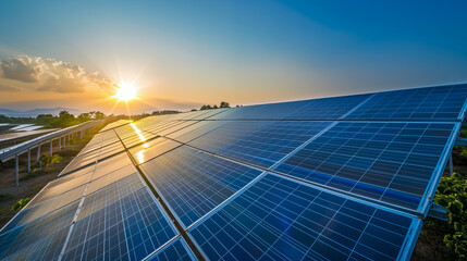 solar power plant surrounded by green meadows during sunset - obrazy, fototapety, plakaty