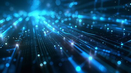 digital graphic representing a network or circuit board with glowing blue lines and lights, suggesting high-speed data transfer or advanced technology - obrazy, fototapety, plakaty