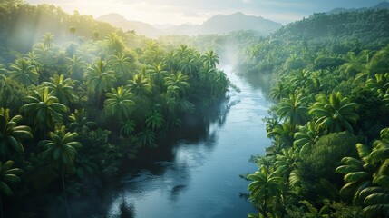 An aerial view of a lush green rainforest with a river running through it. - obrazy, fototapety, plakaty