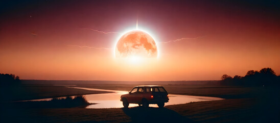 A car is parked in front of an immense object, illustrating scale and juxtaposition. Surreal cosmic sunset lunar.  - obrazy, fototapety, plakaty