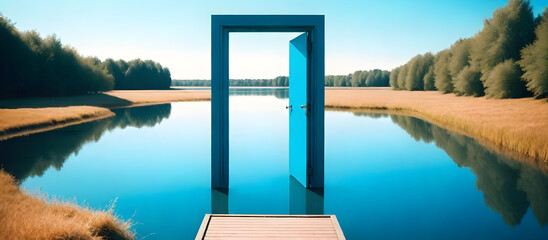 Surreal fantastic futuristic lake with a door in the middle of the lake. The concept of psychedelia and escapism