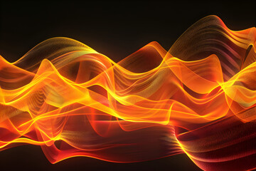 Dynamic neon waves in orange and yellow hues. Mesmerizing abstract composition on black background.