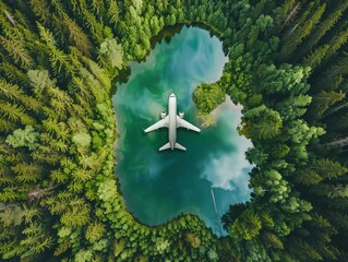 An untouched natural landscape features a lake mirroring the shape of an airplane, symbolizing the intersection of air travel, environmental consciousness, and ecotourism