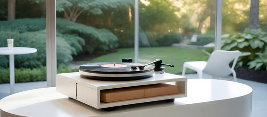 Vintage vinyl turntable is placed on top of a table